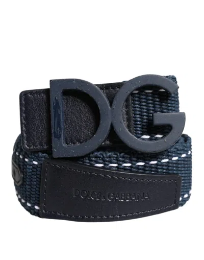 Pre-owned Dolce & Gabbana Blue White Cotton Dg Logo Metal Buckle Men's Belt () In Multi