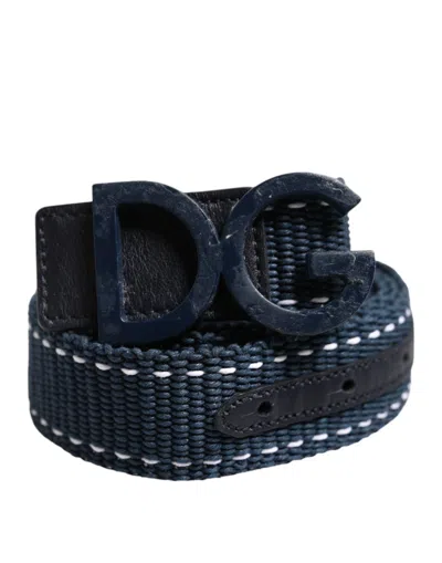 Pre-owned Dolce & Gabbana Blue White Cotton Dg Logo Metal Buckle Men's Belt () In Multi
