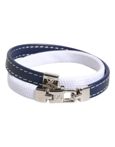 Dolce & Gabbana Blue White Leather Trimmed Dg Engraved Silver Tone Clasp Men's Bracelet