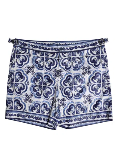 Dolce & Gabbana Blue White Majolica Print Swim Shorts Swimwear In Multi