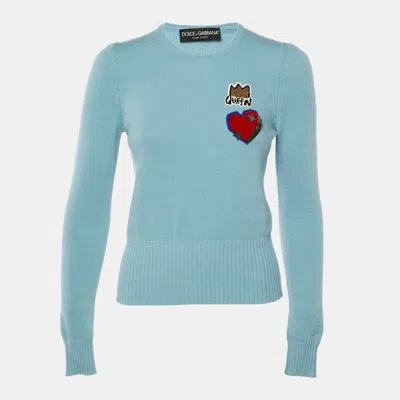 Pre-owned Dolce & Gabbana Blue Wool Heart Patch Detail Sweater S