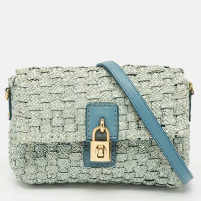 Pre-owned Dolce & Gabbana Blue Woven Raffia And Leather Padlock Shoulder Bag