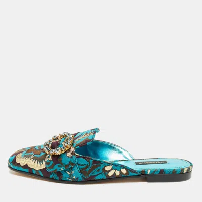 Pre-owned Dolce & Gabbana Blue/brown Brocade Fabric Crystal Embellished Flat Mules Size 38 In Multi