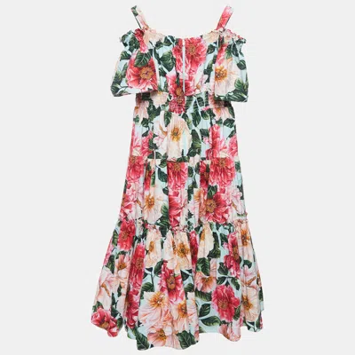 Pre-owned Dolce & Gabbana Blue/multicolor Floral Printed Cotton Poplin Dress (11-12 Yrs)