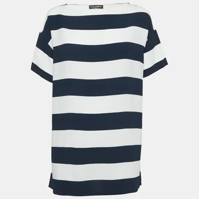 Pre-owned Dolce & Gabbana Blue/white Striped Crepe Oversized Top M