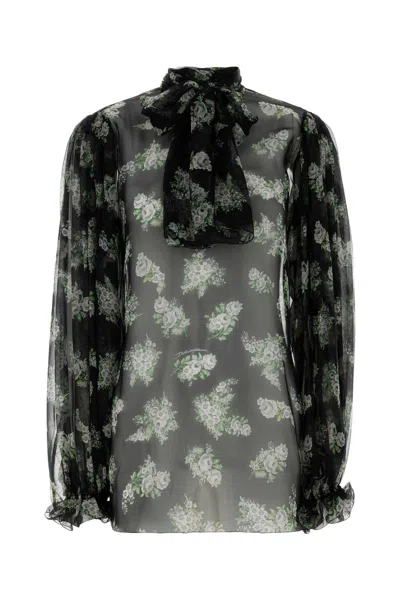Dolce & Gabbana Printed Silk Blouse With Bow In Black