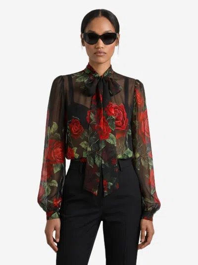 Dolce & Gabbana Blusa In Chiffon Rose Rosse In Black