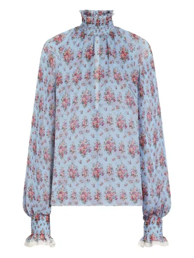 Dolce & Gabbana Blusa In Cotone Azzurro Con Stampa Floreale E Collo Alto Dolce E Gabbana In Blue
