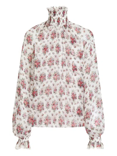 Dolce & Gabbana Blusa In Cotone Bianco Con Stampa Floreale E Collo Alto Dolce E Gabbana In Multi
