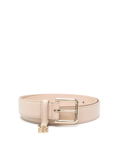 Dolce & Gabbana Logo-charm Leather Belt In Beige