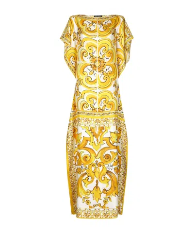 Dolce & Gabbana Yellow Dots Print Silk Maxi Dress In Multi
