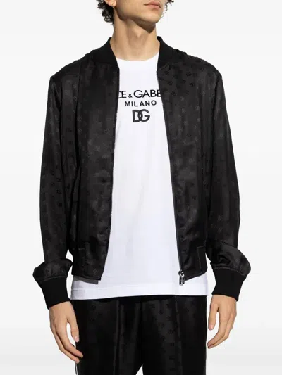 Dolce & Gabbana Logo Jacquard Silk Bomber Jacket In Black