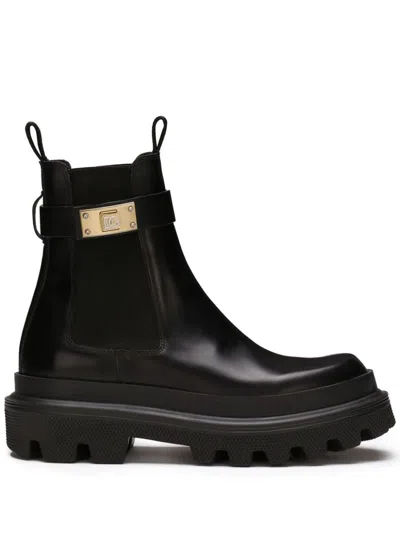 Dolce & Gabbana Calf Leather Ankle Boots With Logo Buckle In Black