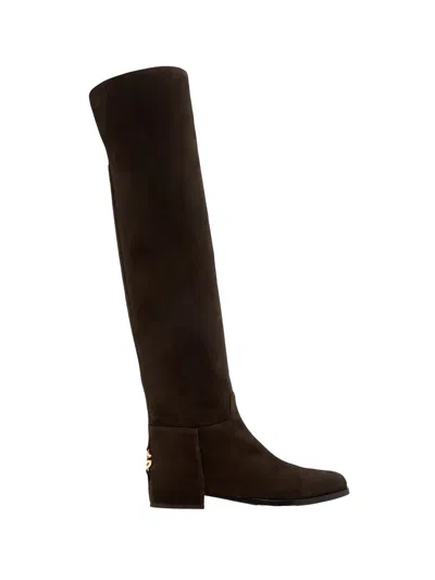 Dolce & Gabbana Over-the-knee Suede Boots Shoes In Brown