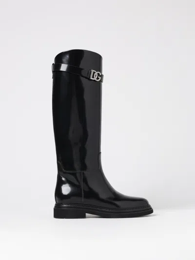 Dolce & Gabbana Shiny Leather Knee-high Boots With Block Heel In Black