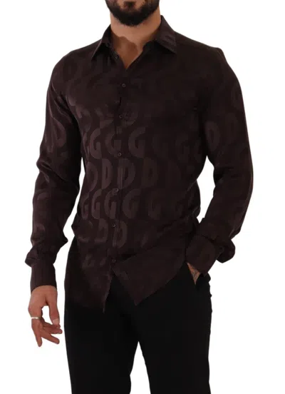 Dolce & Gabbana Bordeaux Gold Logo Silk Slim Fit Mens Shirt