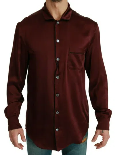 DOLCE & GABBANA DOLCE & GABBANA BORDEAUX SILK PAJAMA-INSPIRED MEN'S SHIRT