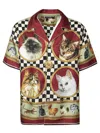 Dolce & Gabbana Cats Print Silk Bowling Shirt In Bordeaux