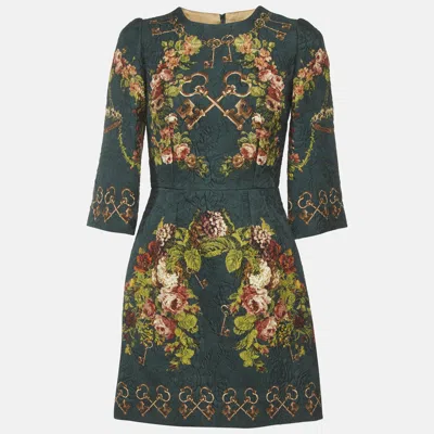 Pre-owned Dolce & Gabbana Bottle Green Floral Print Jacquard Short Dress S