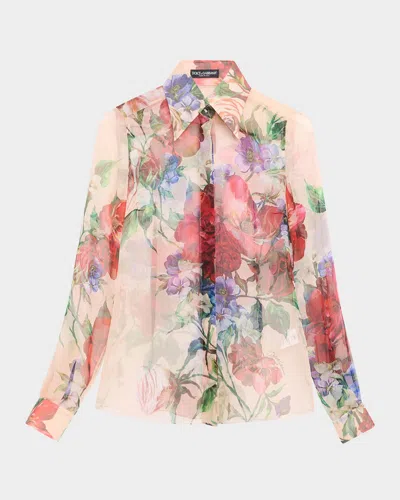 DOLCE & GABBANA BOUQUET FANTICHI SHEER CHIFFON BUTTON-DOWN BLOUSE
