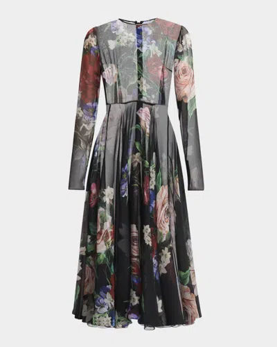 Dolce & Gabbana Bouquet Fantichi Sheer Chiffon Midi Dress In Blkprtflow