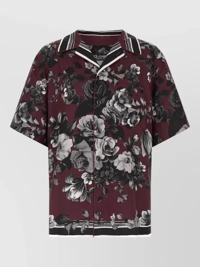 Dolce & Gabbana Bouquet Fiori Short Sleeve Notched Collar Shirt In Burgundy