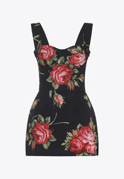 Dolce & Gabbana Floral-print Cotton Bustier Mini Dress In Black