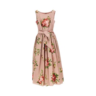 Dolce & Gabbana Cotton Sleeveless Boat Neck Floral Print Midi Dress In Animal Print