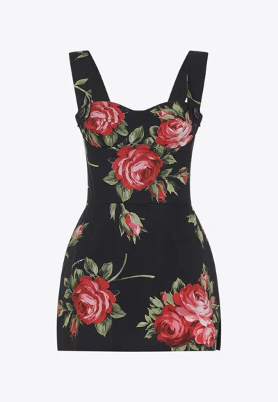 Dolce & Gabbana Floral-print Cotton Bustier Mini Dress In Black