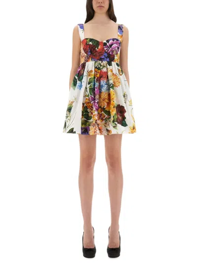Dolce & Gabbana Bouquet Print Poplin Dress With Flared Skirt