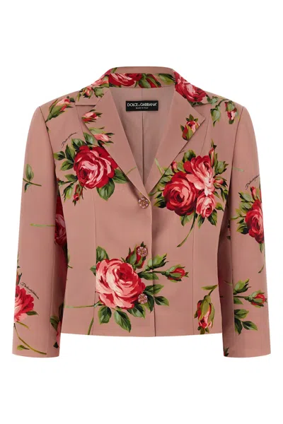 Dolce & Gabbana Rose Bouquet-print Charmeuse Single-breasted Jacket In Multi