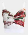 Dolce & Gabbana Bustier Top In Marquisette And Chiffon With Rose Print In Whtprtflow