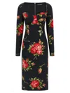 Dolce & Gabbana Rose-print Satin Long-sleeve Midi Dress In Black