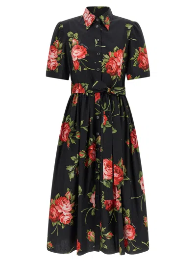 Dolce & Gabbana Belted Gathered Floral-print Cotton-poplin Midi Dress In Black