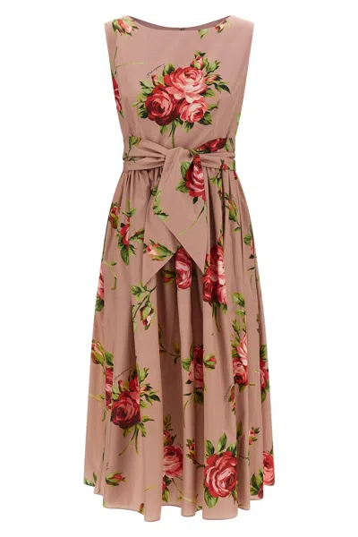 Dolce & Gabbana Abito Midi In Cotone Rosa Con Stampa Fiori Dolce E Gabbana In Pink