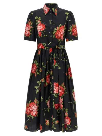 Dolce & Gabbana Belted Gathered Floral-print Cotton-poplin Midi Dress In Black