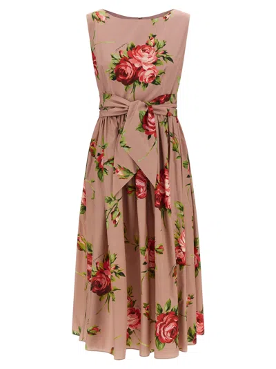 Dolce & Gabbana Abito Midi In Cotone Rosa Con Stampa Fiori Dolce E Gabbana In Pink