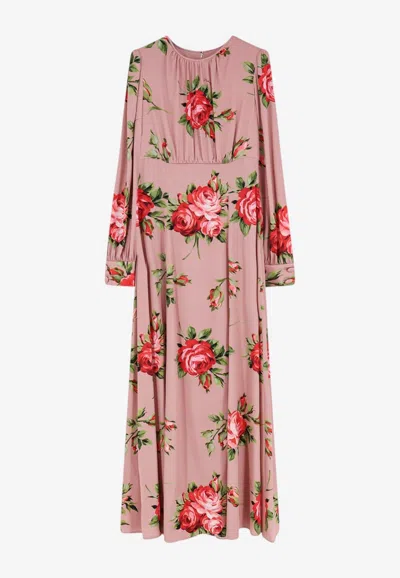 Dolce & Gabbana Bouquet Rose Print Maxi Silk Dress In Pink