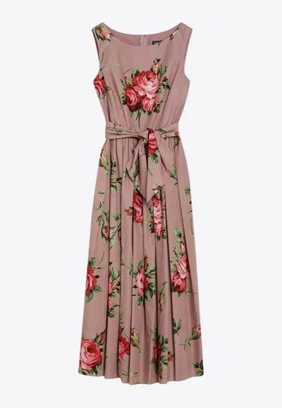 Dolce & Gabbana Abito Midi In Cotone Rosa Con Stampa Fiori Dolce E Gabbana In Pink