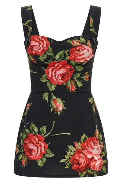 Dolce & Gabbana Floral-print Cotton Bustier Mini Dress In Black