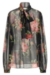 Dolce & Gabbana Rose Bouquet-print Silk Chiffon Neck-tie Blouse In Multi