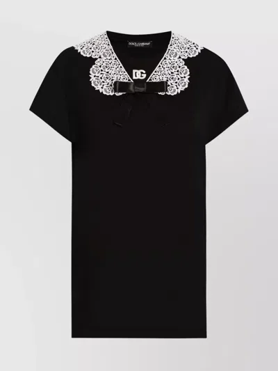 Dolce & Gabbana Bow Crewneck Lace Short Sleeves Top In Black