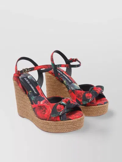 DOLCE & GABBANA BOW DETAIL FLORAL PRINT WEDGE SANDALS