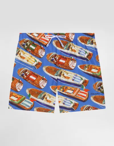 Dolce & Gabbana Kids' Medium Nylon Swim Shorts With Motorboat Print And Stripes In Blue