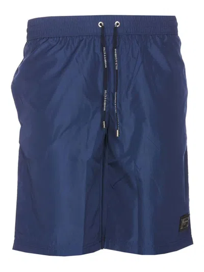 Dolce & Gabbana Plaque Logo Swim Trunks In Blue