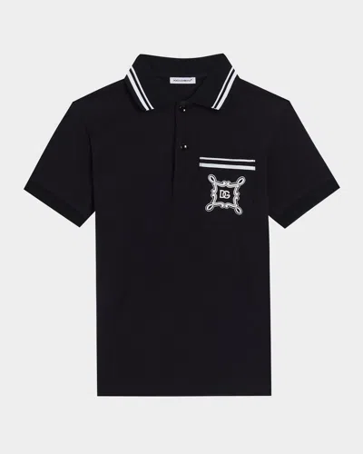Dolce & Gabbana Kids' Boy's Bandana-inspired Logo-print Polo Shirt In Black