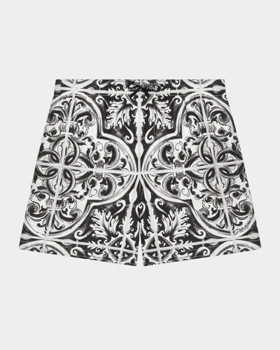 DOLCE & GABBANA BOY'S MAJOLICA-PRINT SWIM TRUNKS