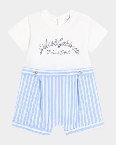 Dolce & Gabbana Kids' Boy's Seersucker Logo-print Overalls In Variante Abbinata