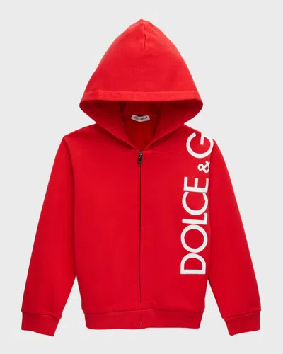 Dolce & Gabbana Kids' Boy's Vertical Logo-print Hoodie In Nail Red