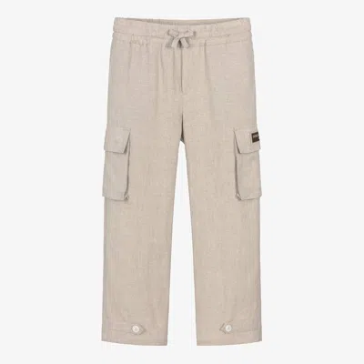Dolce & Gabbana Kids' Boys Beige Linen Cargo Trousers In Gold